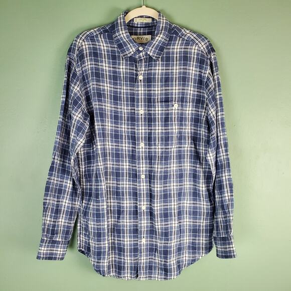 Orvis Men's Blue Plaid Button Up Linen Long Sleeve Shirt Size Medium - Picture 1 of 5